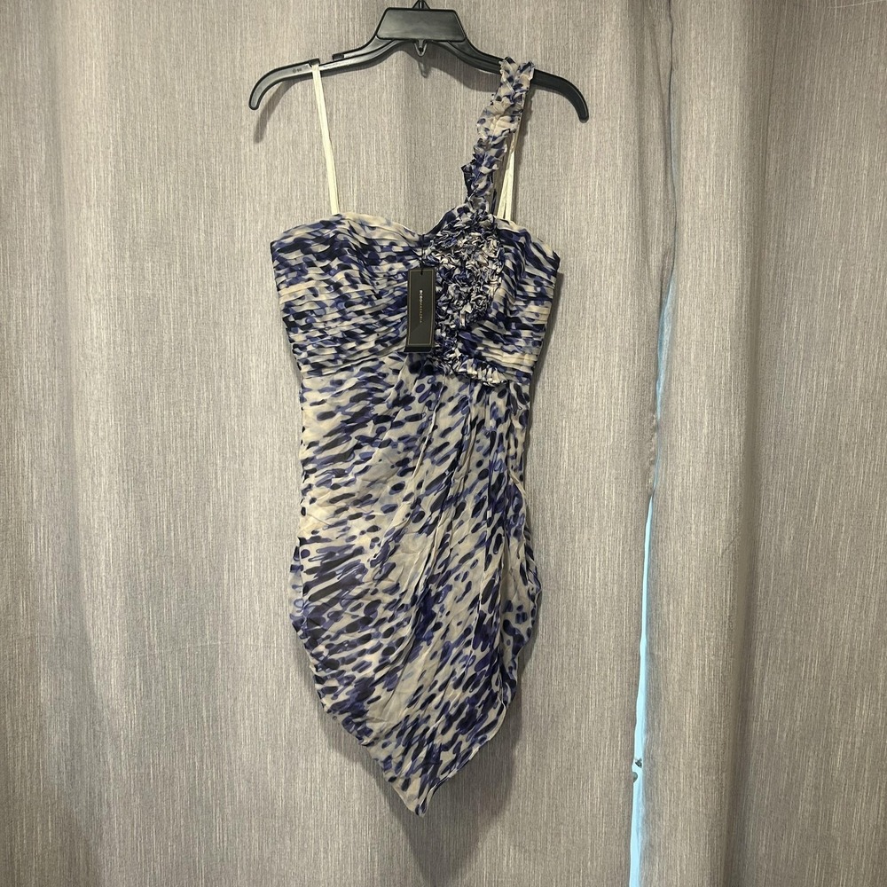 BCBGMAXAZRIA Dress Womens 6 Blue Silk‎ One Shoulder Ruffle Chiffon Animal Print